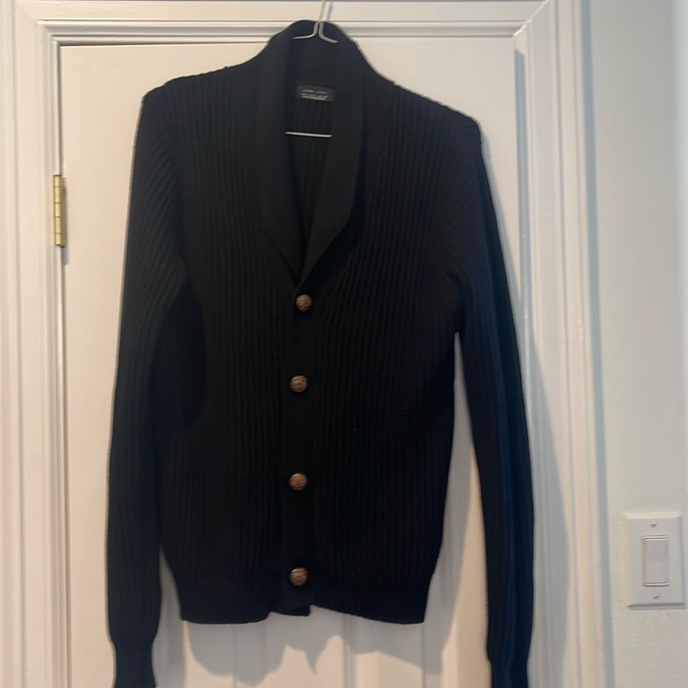 Zara man size large, black cardigan, front open gently used